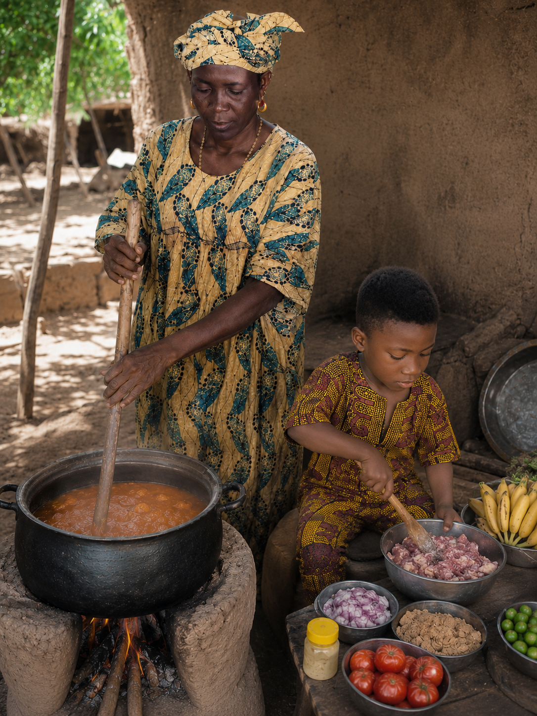 Transmission culinaire — une mère et son enfant préparant un repas traditionnel africain
